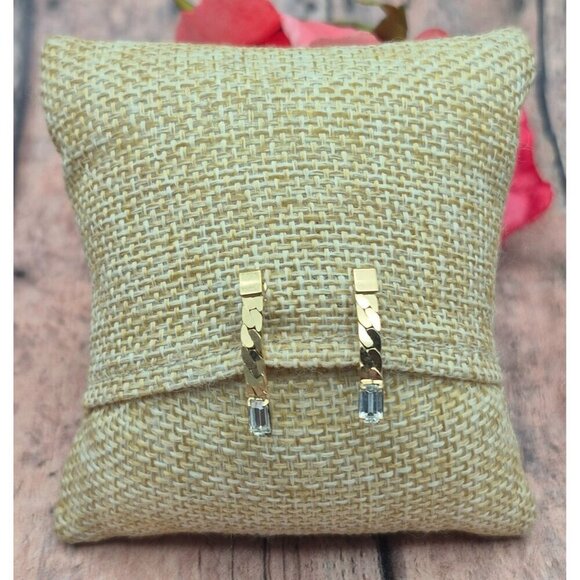 Gold Tone Drop Chain Crystal Clip On Earrings Dainty Minimalist .75" Fancy - Picture 2 of 9